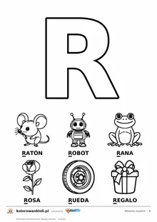 Alfabet hiszpański, litera R do kolorowania i sześć obrazków: ratón, robot, rana, rosa, rueda, regalo — karta do druku