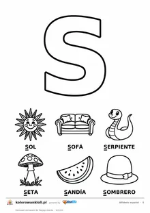 Alfabet hiszpański, litera S do kolorowania i sześć obrazków: sol, sofá, serpiente, seta, sandía, sombrero — karta do druku