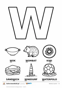 Alfabet hiszpański, litera W do kolorowania i sześć obrazków: wok, wombat, kiwi, sándwich, windsurf, waterpolo — karta do druku