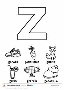 Alfabet hiszpański, litera Z do kolorowania i sześć obrazków: zapato, zanahoria, zorro, zumo, zepelín, zapatilla — karta do druku