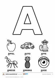 Niemiecki alfabet, litera A do kolorowania i sześć obrazków: Apfel, Auto, Affe, Ameise, Ananas, Auge — karta do druku