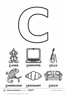 Niemiecki alfabet, litera C do kolorowania i sześć obrazków: Clown, Computer, Cello, Chamäleon, Croissant, Couch — karta do druku