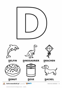 Niemiecki alfabet, litera D do kolorowania i sześć obrazków: Delfin, Dinosaurier, Drachen, Donut, Dose, Dackel — karta do druku