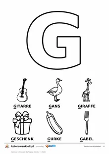 Niemiecki alfabet, litera G do kolorowania i sześć obrazków: Gitarre, Gans, Giraffe, Geschenk, Gurke, Gabel — karta do druku