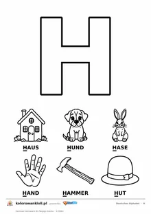 Niemiecki alfabet, litera H do kolorowania i sześć obrazków: Haus, Hund, Hase, Hand, Hammer, Hut — karta do druku