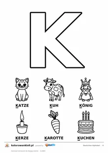 Niemiecki alfabet, litera K do kolorowania i sześć obrazków: Katze, Kuh, König, Kerze, Karotte, Kuchen — karta do druku