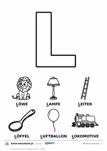 Niemiecki alfabet, litera L do kolorowania i sześć obrazków: Löwe, Lampe, Leiter, Löffel, Luftballon, Lokomotive — karta do druku