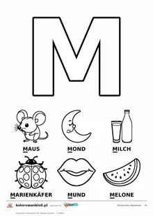 Niemiecki alfabet, litera M do kolorowania i sześć obrazków: Maus, Mond, Milch, Marienkäfer, Mund, Melone — karta do druku