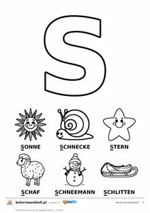 Niemiecki alfabet, litera S do kolorowania i sześć obrazków: Sonne, Schnecke, Stern, Schaf, Schneemann, Schlitten — karta do druku