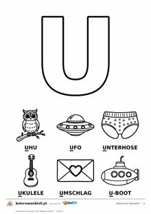 Niemiecki alfabet, litera U do kolorowania i sześć obrazków: Uhu, Ufo, Unterhose, Ukulele, Umschlag, U-Boot — karta do druku