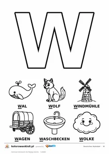 Niemiecki alfabet, litera W do kolorowania i sześć obrazków: Wal, Wolf, Windmühle, Wagen, Waschbecken, Wolke — karta do druku
