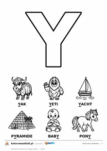 Niemiecki alfabet, litera Y do kolorowania i sześć obrazków: Yak, Yeti, Yacht, Pyramide, Baby, Pony — karta do druku