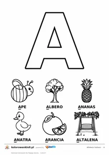 Alfabet włoski, litera A do kolorowania i sześć obrazków: ape, albero, ananas, anatra, arancia, altalena — karta do druku