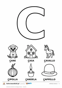 Alfabet włoski, litera C do kolorowania i sześć obrazków: cane, casa, cavallo, cipolla, candela, cappello — karta do druku