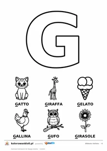 Alfabet włoski, litera G do kolorowania i sześć obrazków: gatto, giraffa, gelato, gallina, gufo, girasole — karta do druku