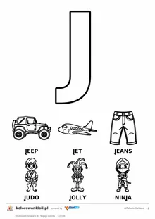 Alfabet włoski, litera J do kolorowania i sześć obrazków: jeep, jet, jeans, judo, jolly, ninja — karta do druku