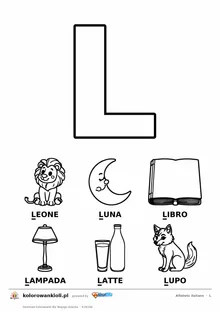 Alfabet włoski, litera L do kolorowania i sześć obrazków: leone, luna, libro, lampada, latte, lupo — karta do druku