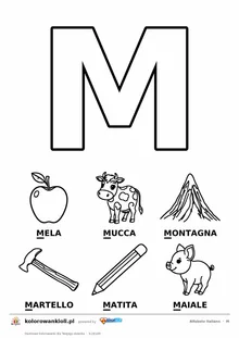 Alfabet włoski, litera M do kolorowania i sześć obrazków: mela, mucca, montagna, martello, matita, maiale — karta do druku