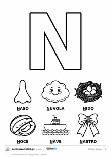 Alfabet włoski, litera N do kolorowania i sześć obrazków: naso, nuvola, nido, noce, nave, nastro — karta do druku