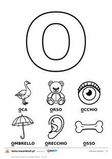 Alfabet włoski, litera O do kolorowania i sześć obrazków: oca, orso, occhio, ombrello, orecchio, osso — karta do druku