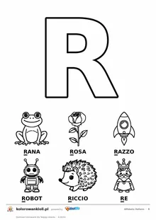 Alfabet włoski, litera R do kolorowania i sześć obrazków: rana, rosa, razzo, robot, riccio, re — karta do druku