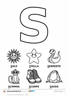 Alfabet włoski, litera S do kolorowania i sześć obrazków: sole, stella, serpente, scimmia, scarpe, sasso — karta do druku