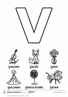Alfabet włoski, litera V do kolorowania i sześć obrazków: violino, volpe, vaso, vulcano, ventilatore, vespa — karta do druku