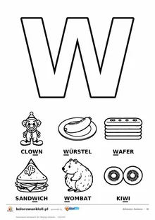 Alfabet włoski, litera W do kolorowania i sześć obrazków: clown, würstel, wafer, sandwich, wombat, kiwi — karta do druku