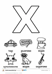Alfabet włoski, litera X do kolorowania i sześć obrazków: taxi, xilofono, mixer, extraterrestre, boxer, saxofono — karta do druku