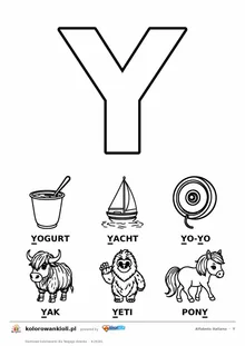 Alfabet włoski, litera Y do kolorowania i sześć obrazków: yogurt, yacht, yo-yo, yak, yeti, pony — karta do druku