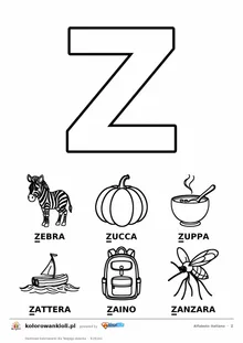 Alfabet włoski, litera Z do kolorowania i sześć obrazków: zebra, zucca, zuppa, zattera, zaino, zanzara — karta do druku