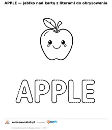APPLE — jabłko nad kartą z literami do obrysowania — kolorowanka do wydruku dla dzieci