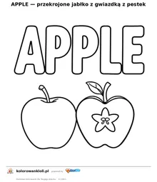 APPLE — przekrojone jabłko z gwiazdką z pestek — kolorowanka do wydruku dla dzieci