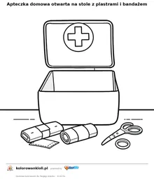 Apteczka domowa otwarta na stole z plastrami i bandażem — kolorowanka do wydruku dla dzieci