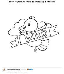 BIRD — ptak w locie ze wstążką z literami — kolorowanka do wydruku dla dzieci
