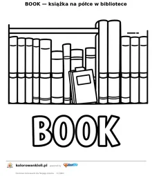 BOOK — książka na półce w bibliotece — kolorowanka do wydruku dla dzieci