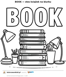 BOOK — stos książek na biurku — kolorowanka do wydruku dla dzieci