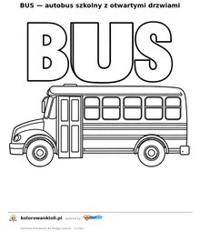 BUS — autobus szkolny z otwartymi drzwiami — kolorowanka do wydruku dla dzieci