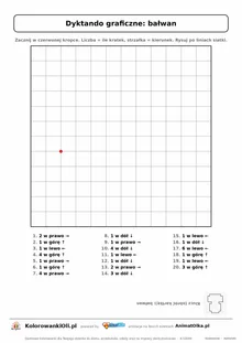 Dyktando graficzne bałwan — karta pracy do druku, siatka 12×12, 20 poleceń ze strzałkami, poziom łatwy