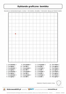 Dyktando graficzne bombka — karta pracy do druku, siatka 14×14, 32 polecenia ze strzałkami, poziom średni