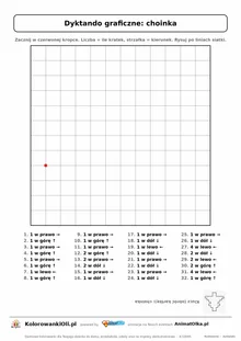 Dyktando graficzne choinka — karta pracy do druku, siatka 12×12, 32 polecenia ze strzałkami, poziom średni