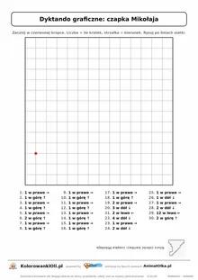 Dyktando graficzne czapka Mikołaja — karta pracy do druku, siatka 14×14, 30 poleceń ze strzałkami, poziom średni