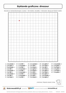 Dyktando graficzne dinozaur — karta pracy do druku, siatka 18×18, 42 polecenia ze strzałkami, poziom trudny