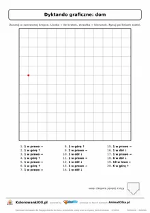 Dyktando graficzne dom — karta pracy do druku, siatka 12×12, 20 poleceń ze strzałkami, poziom łatwy