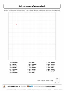 Dyktando graficzne duch — karta pracy do druku, siatka 12×12, 20 poleceń ze strzałkami, poziom łatwy