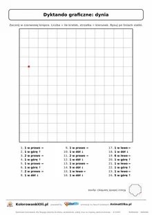 Dyktando graficzne dynia — karta pracy do druku, siatka 12×12, 24 polecenia ze strzałkami, poziom łatwy