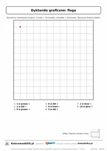 Dyktando graficzne flaga — karta pracy do druku, siatka 12×12, 8 poleceń ze strzałkami, poziom łatwy