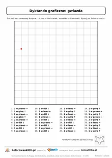 Dyktando graficzne gwiazda — karta pracy do druku, siatka 12×12, 36 poleceń ze strzałkami, poziom średni