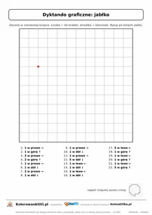 Dyktando graficzne jabłko — karta pracy do druku, siatka 12×12, 22 polecenia ze strzałkami, poziom łatwy