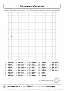 Dyktando graficzne jeż — karta pracy do druku, siatka 14×14, 42 polecenia ze strzałkami, poziom trudny